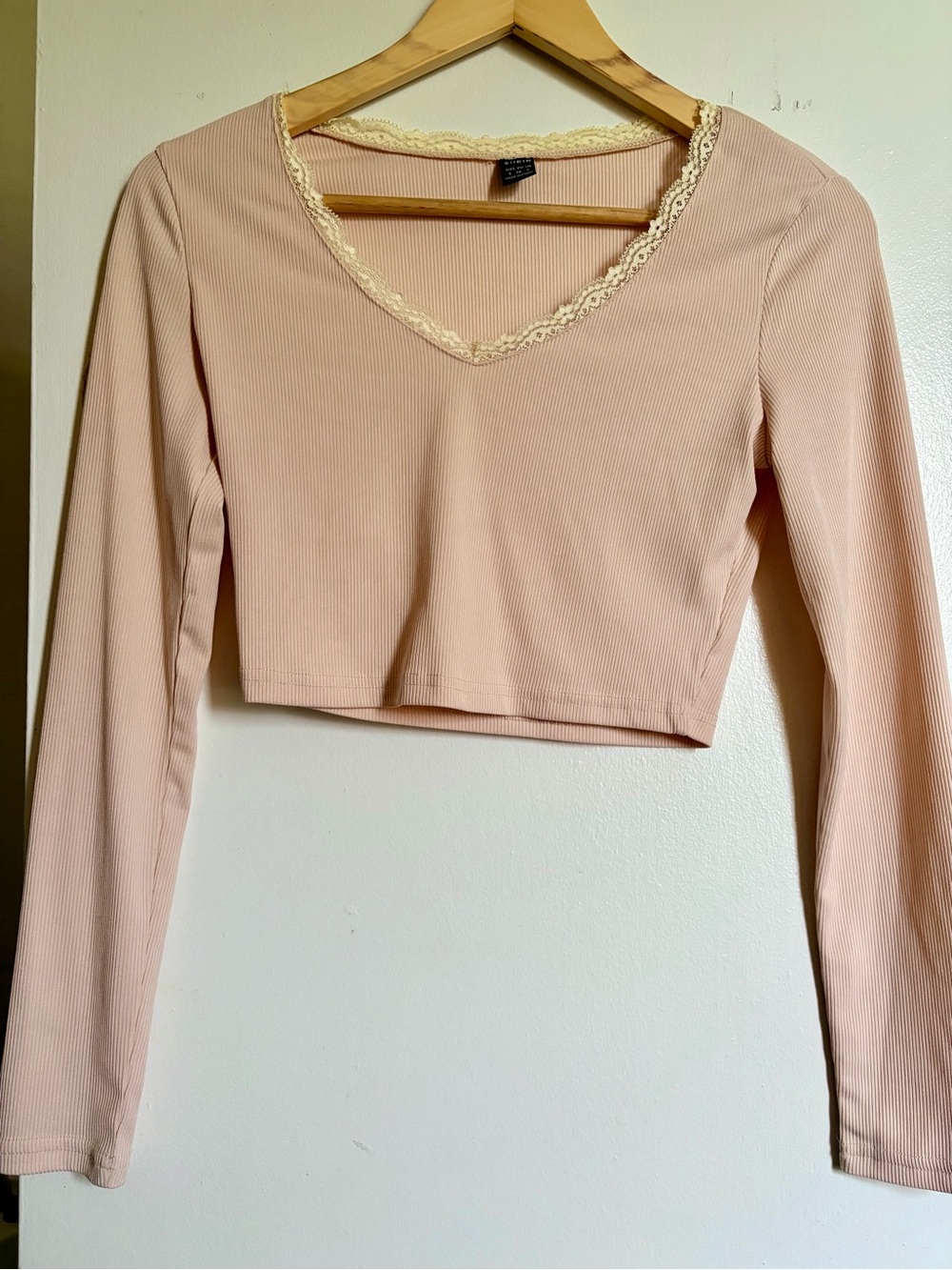 SHEIN Blush Pink Ribbed Lace-Trim Long Sleeve Crop Top